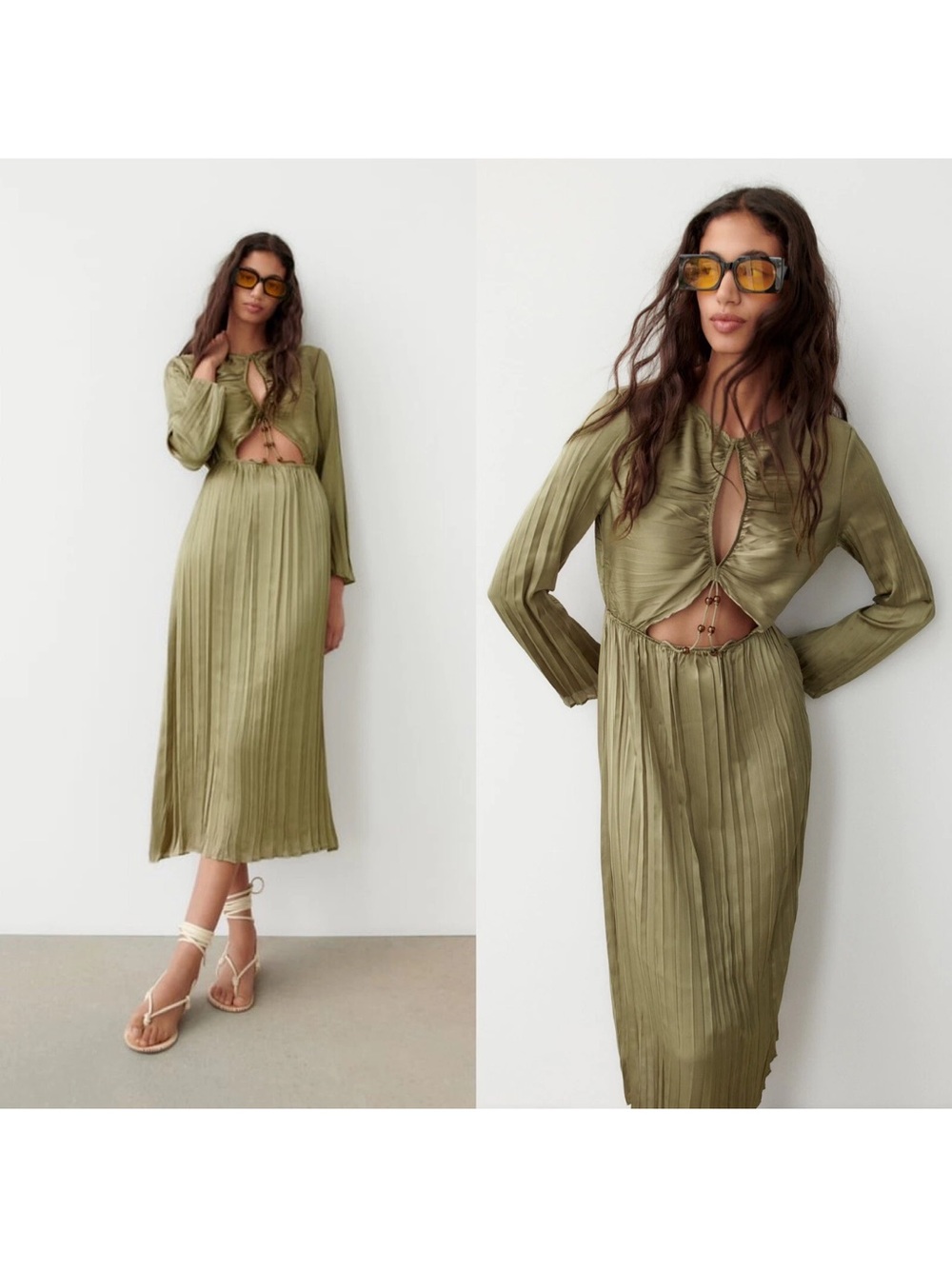 Zara Olive Cutout Pleated Midi Dress
